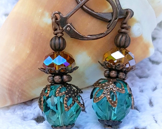 Vintage Earrings ,Antique Brass, Teal Faceted Crystal, Topaz Crystal, lever back earrings, Gift For Her, handmade