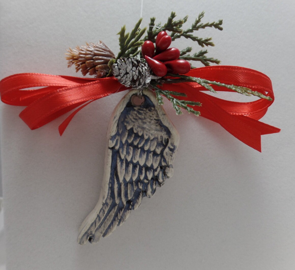 Ceramic Angel Wing Ornament Double Sided Teal Ribbon Christmas