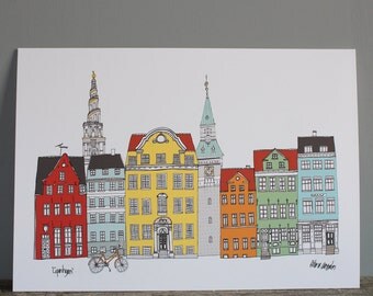 Copenhagen Cityscape Print - Scandinavian A4 Illustration - Copenhagen Skyline Print - Wedding Gift - Scandinavian Print - Hygge Print