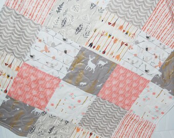 baby quilt-woodland baby quilt- elk baby quilt- pink and gray baby quilt- baby bedding-minky baby quilt- baby girl quilt