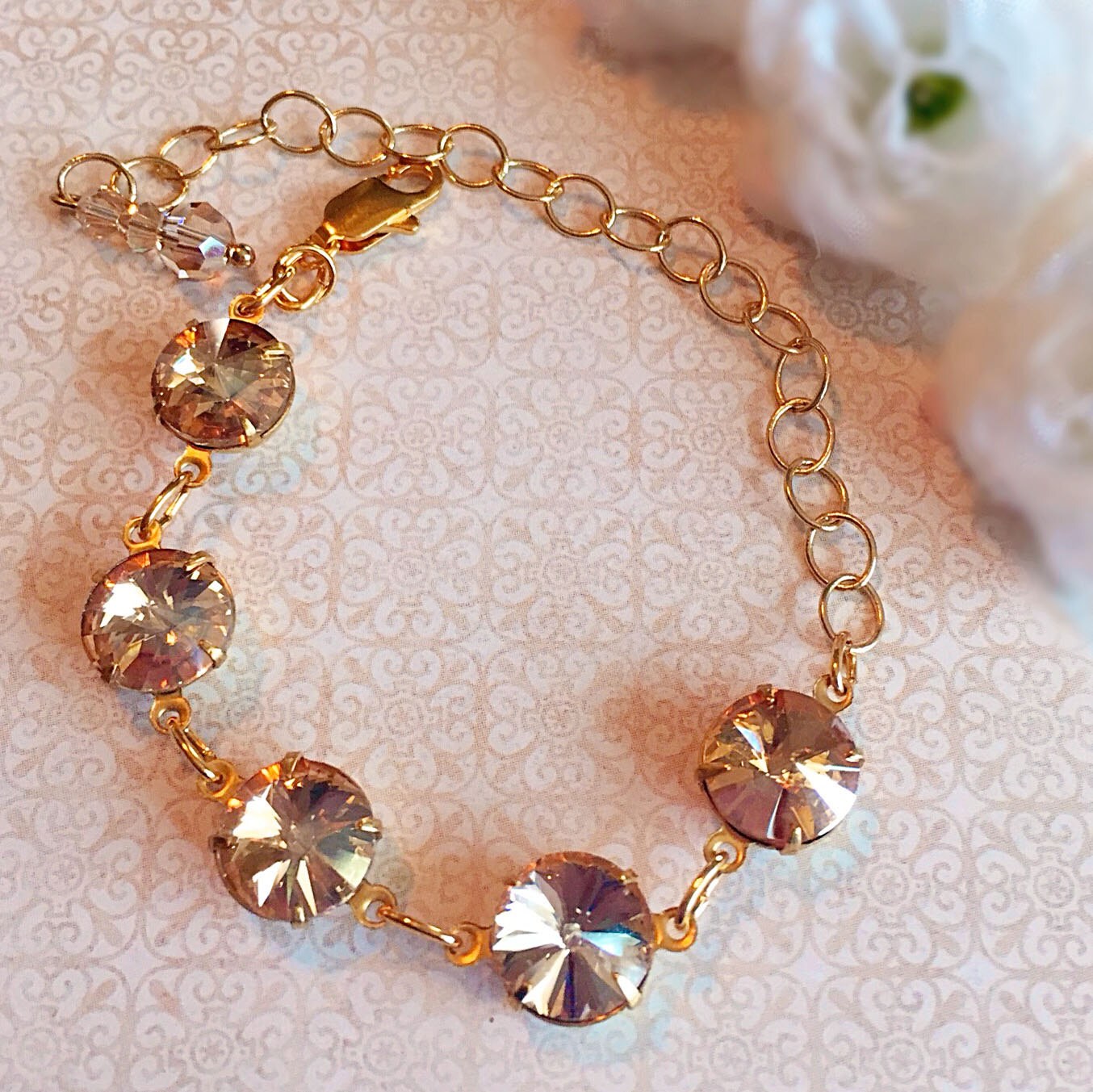 Gold Crystal Bracelet - Champagne - Victorian Jewelry - Art Deco - WELWYN Golden Champagne