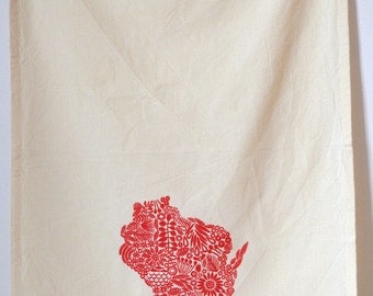 Wisconsin Tea towel, screen printed state of Wisconsin, cotton tea towel