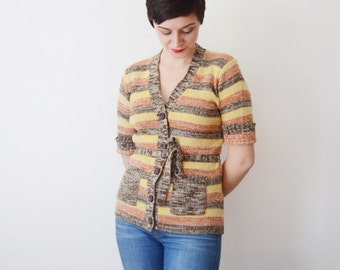 Short Sleeve 1970s Yellow Striped Cardigan - XS/S