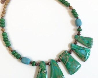 Turquoise Blue and Green Sea Sediment Jasper Necklace Earring Set