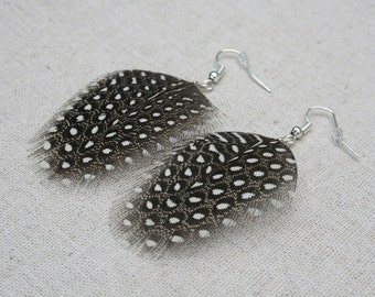 Black feather earrings - Feather jewellery - Spotty feather earrings - Black And White spots polka dots Guinea Fowl Feather Dangle Earrings