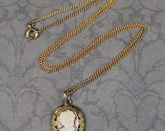 Vintage Cameo Etched Gold Floral Pendant with Gold Filled Chain Necklace