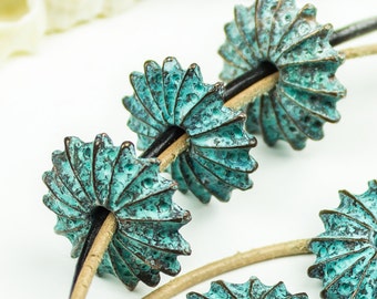 Sea Urchin Bead, Green Patina Flat urchin Metal disk, Verdigris Nautical Beach Beads, Greek Mykonos Casting Double Sided 19mm - 1 pc
