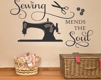 Sewing Mends the Soul Seamstress Quote, Sewing Room Decal, Vinyl Wall Lettering, Vinyl Wall Decals, Vinyl Decals, Vinyl Letters, Wall Quotes