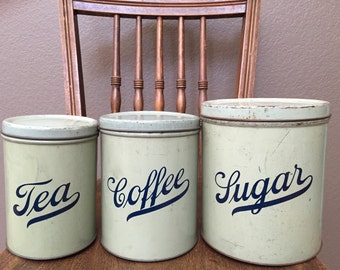 Antique Vintage and Very Rare Primitive Kitchen Green Storage Tin. Sugar, Coffee, and Tea Bin. Set of 3 Canister Set. 1910-1920s.