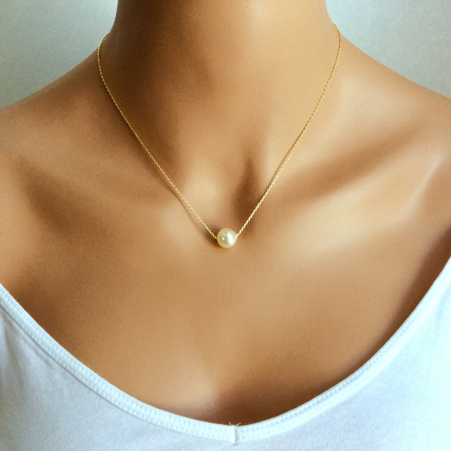 Floating Pearl Necklace In Gold Chain With 10MM Cream