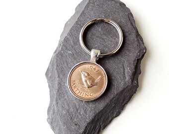 1947 Farthing Coin Keyring, 70th Birthday, 1947 Birthday or Anniversary, UK Coin with Jenny Wren Resin Keyring, 1947 Coin Keychain, UK, 1303