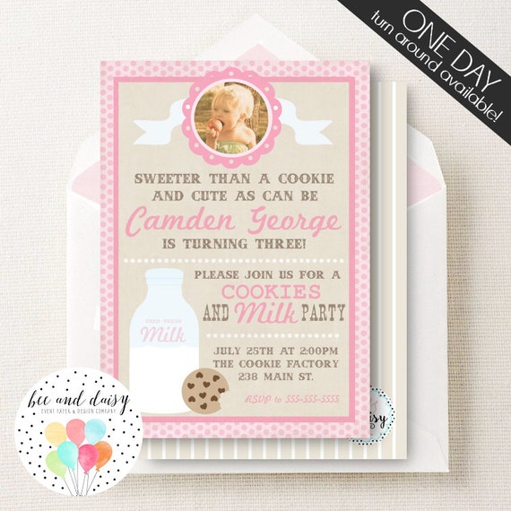 Cookies and Milk Invitation, Cookies and Milk Birthday Invitation, Cookies and Milk Party, Girl First Birthday, Girl Birthday, BeeAndDaisy Il_570xn