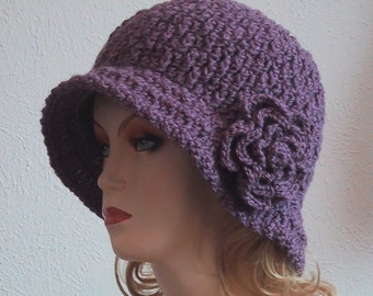 Cloche Hat with Flower in Dusty Purple - Hand Crocheted - Soft Acrylic Yarn - Handmade - Size Medium/Large - Chemo Hat - Great Gift
