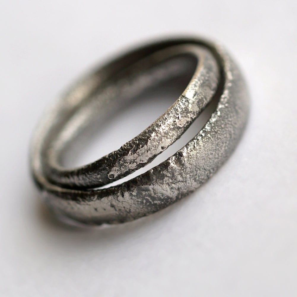 Rustic Wedding Bands  Set Oxidized Sterling Silver Matching 