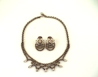 Kramer of NY Rhinestone Necklace Earring Set Signed Smokey Crystal Rhinestones
