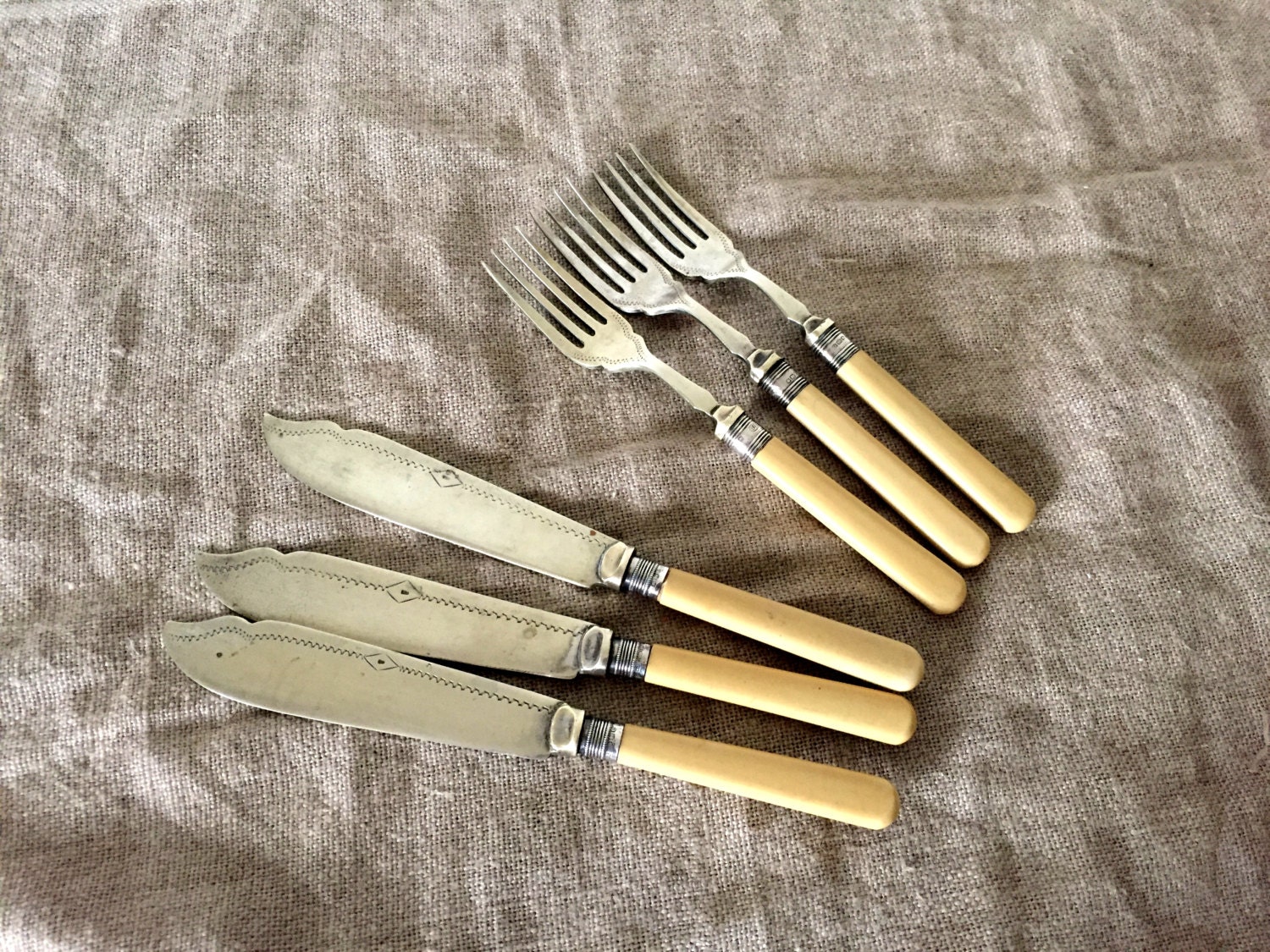 Six ENGLISH VINTAGE silver bone handle fish knives and forks.
