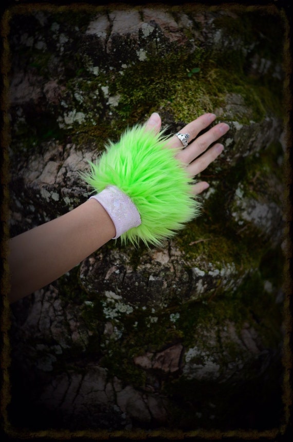 Lime Green Furry Wrist Cuffs with Sparkling Pink Bands