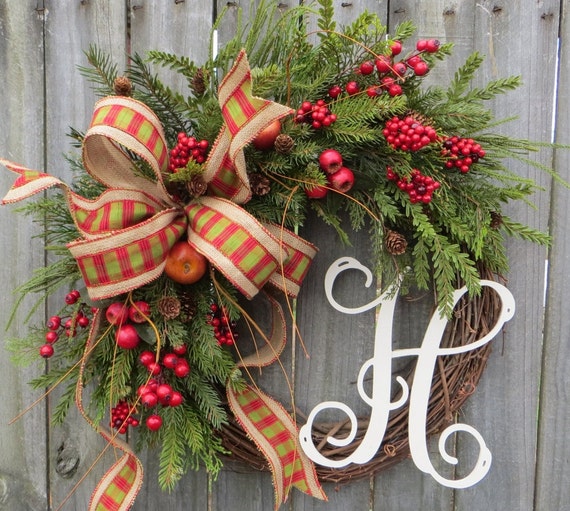 Christmas Grapevine Wreath with Plaid Burlap by HornsHandmade