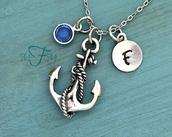 Anchor Necklace, Personalized Necklace, Silver Pewter Anchor Charm, Custom Necklace, Swarovski Crystal birthstone, monogram