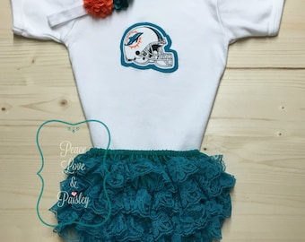 Miami Dolphins Baby Bodysuit, Lace Ruffle Diaper Cover and Headband Set Made from Miami Dolphins Fabric, Baby Dolphins Outfit, Dolphins Baby