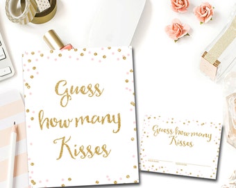 Pink and Gold How Many Kisses Printable Game, Bridal Shower Kisses, Glitter Confetti Pink Bridal Shower Game Print Instant Download BR1