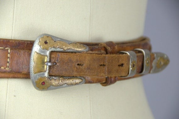 1950s Ruby Inlay Silver / Gold Western Ranger Buckle Set