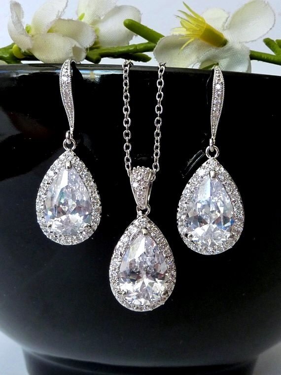 Wedding Bridal Jewelry SET Halo Large Clear White Peardrop
