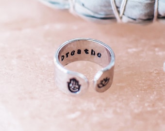 Breathe ring. Inspirational ring. Hamsa hand lotus flower ring. Inspirational gift. Secret message hand stamped quote ring. RTS RA003