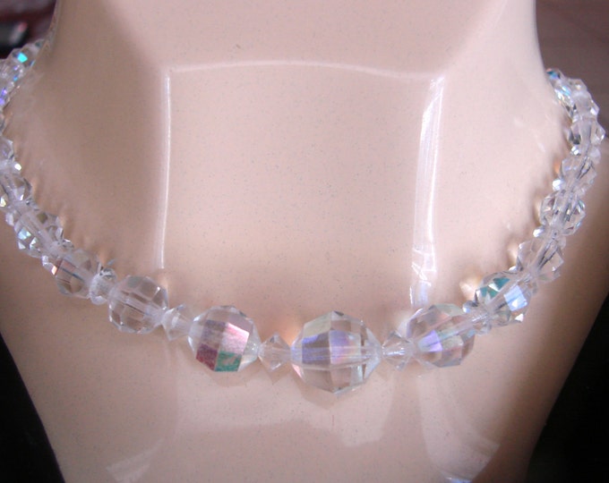 Mid Century Aurora Borealis Austrian Crystal Glass Bead Choker Necklace / Wedding Bridal / Jewelry / Jewellery