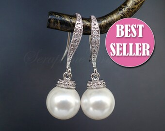 Bridal Pearl Earrings Wedding Jewelry Bridal Earrings Bridal Jewelry Cubic Zirconia White Ivory/Cream Vintage Classic K041
