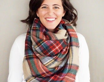 Red, Green, and Khaki Plaid Comfy Blanket Scarf