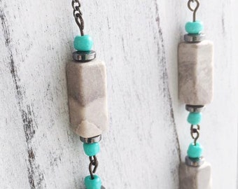Gray Marble, Hematite Bead, Turquoise Colored Glass Bead, 20", Necklace