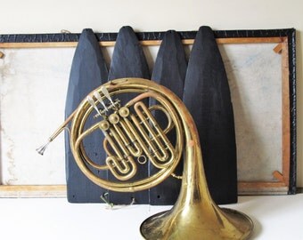 Vintage brass french horn, musical instrument decor, Agostino Rampone Milano horn, vintage display