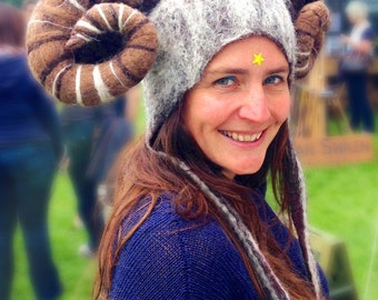 Aries Ram Horned Zodiac Hat fancy dress cosplay costume headdress with adjustable horns in hand felted natural wool