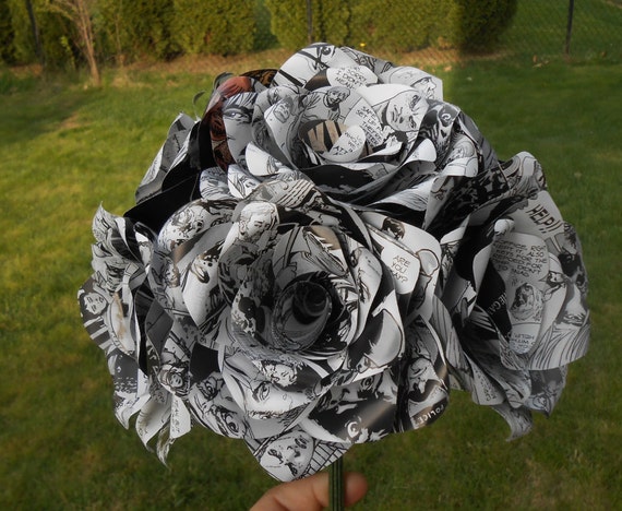 Made from recycled comics, this bouquet is all black and white zombie rose flowers