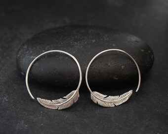 Silver hoop earrings - Feather Hoop Earrings - Silver - Tula hoop