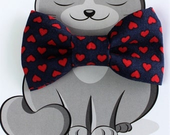 Heart Bow Tie for Cat, Dog Bow Tie, Slide on Collar Accessory, Cat Costume, Pet Bowtie, Handmade in Canada, Navy, Red, Valentine's Day