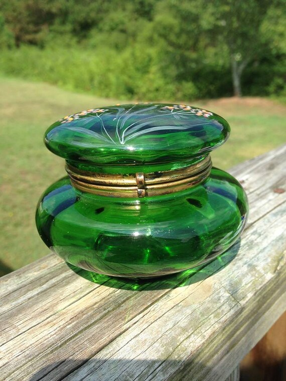 Antique Bohemian Covered Art GLASS Trinket BOX by gumlogmercantile