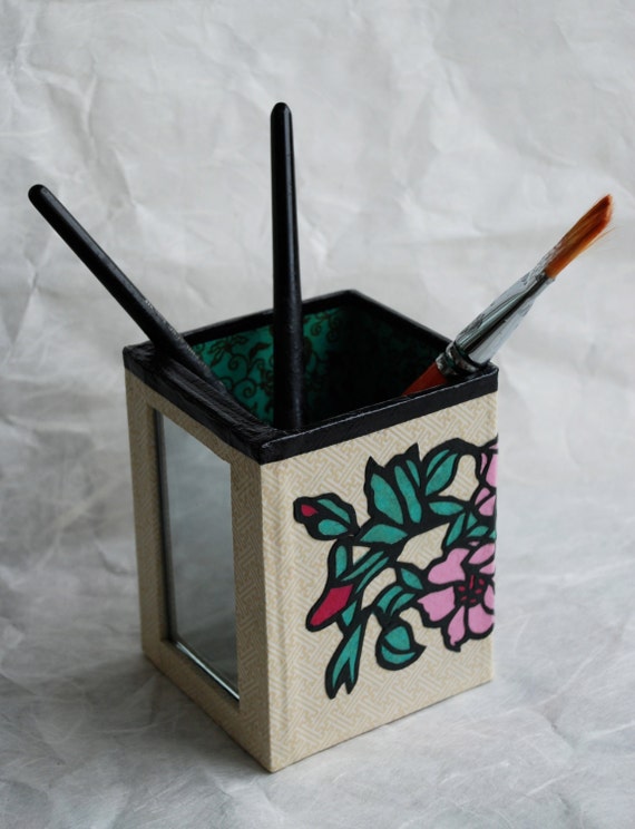 Flower Hanji Pen Holder with Mirror OOAK Handmade Pencil Case Make up Brush Holder Desktop Organizer Pencil Container