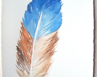 Blue feather painting original/ Watercolor feather illustration 7,5''x11''/ Home decor/ Nature painting/ Feathers artwork/ Gift for him ooak