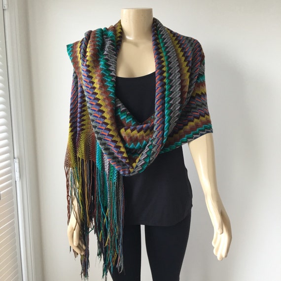Fringed knit shawl long wrap multi color zigzag pattern wide