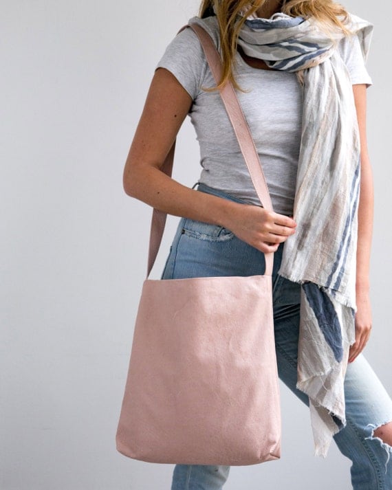 Leather Tote Suede Bag Shoulder Bag Blush Pink Leather Bag