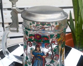 Vintage Rein Zinn Heavy Glass Lidded German Beer Stein-Germany