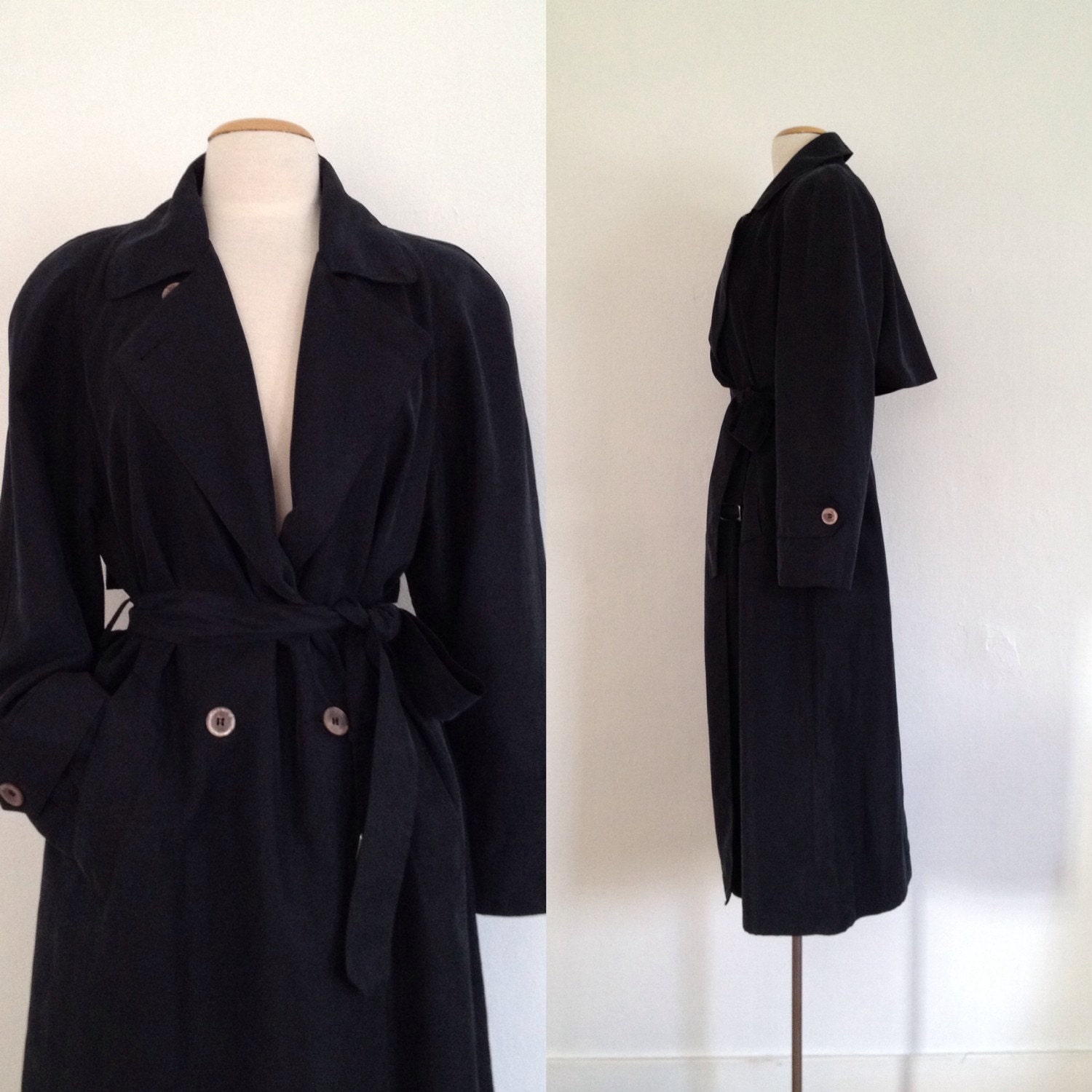 90s trench coat / black trench coat womens / long coat vintage