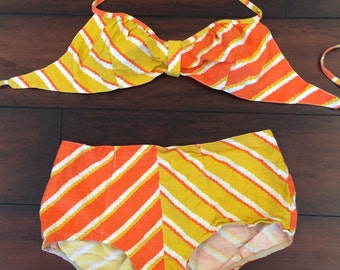 Vintage Bathing Suit, Orange Bikini, Yellow Bikini, Boy Shorts, Bikini, 1960's Bathing Suit, Mod Bikini, Retro Swimwear, (Fly A Kite)