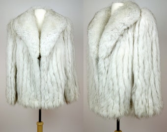 1980s fox fur coat, white arctic fox, blue fox fur, big shawl collar, ribbed fur, short length fur coat, Large to XL
