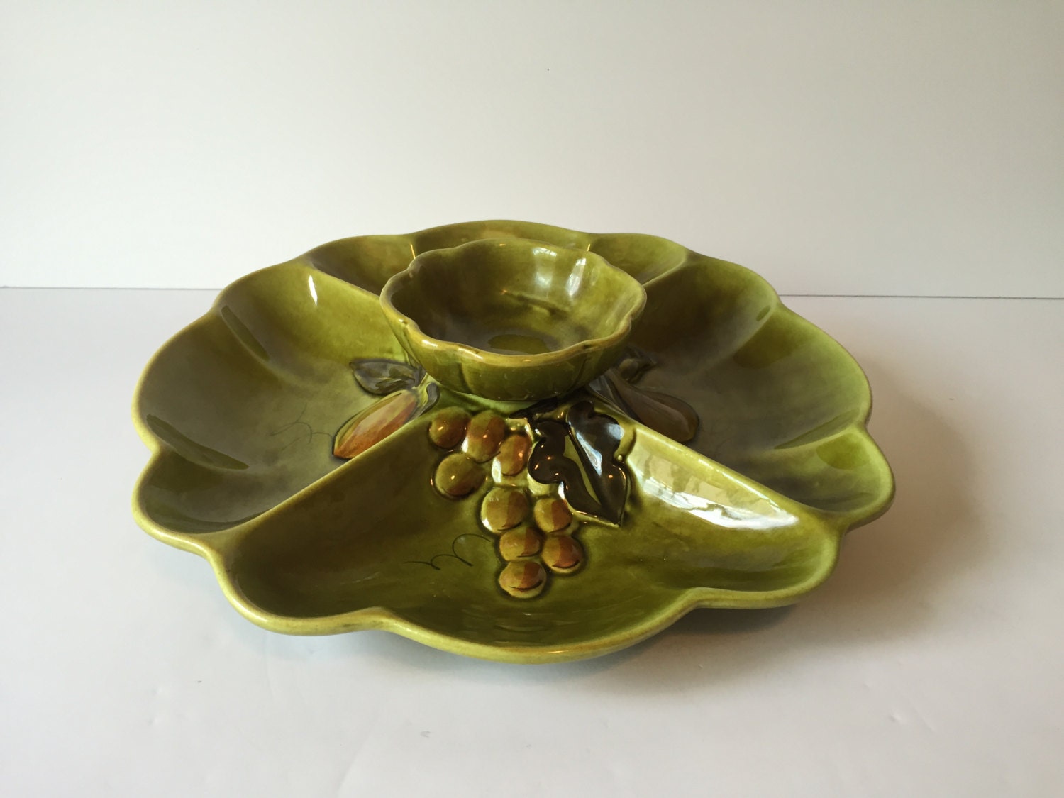 Vintage Chip N Dip Dish Los Angeles Pottery Dish Green