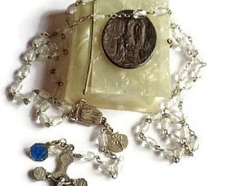 Vintage French Rosary from Lourdes . Clear Glass Beaded Rosary . Religious Cross . Catholic Jewelry .