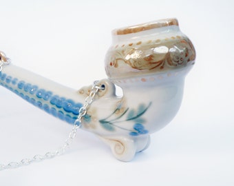 Vintage designer porcelain tobacco pipe Smoking pipe Heady Glass pipe Tobacciana Wall hanging Glazed ceramic pipe White blue smoking bowl