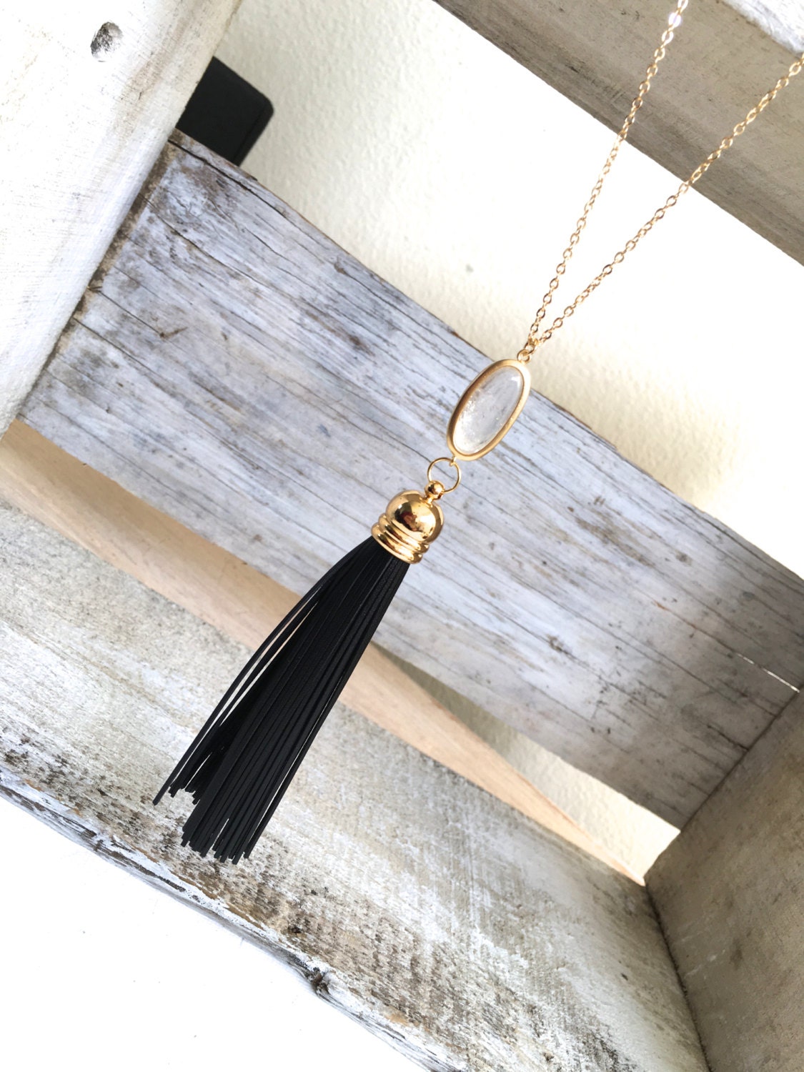 Black Leather Tassel Necklace Long Black Leather Tassel 9244